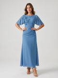 Steel Blue Chiffon A-Line Scoop Neck Back Zip Floor-Length Dress with 3D Flowers - Curvevia