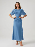 Steel Blue Chiffon A-Line Scoop Neck Back Zip Floor-Length Dress with 3D Flowers - Curvevia