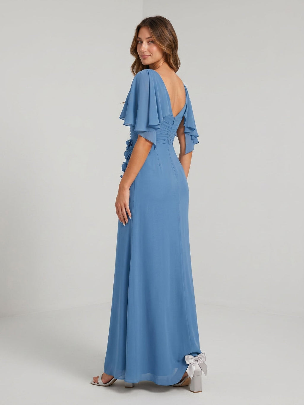 Steel Blue Chiffon A-Line Scoop Neck Back Zip Floor-Length Dress with 3D Flowers - Curvevia