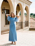 Steel Blue Chiffon A-Line Scoop Neck Back Zip Floor-Length Dress with 3D Flowers - Curvevia