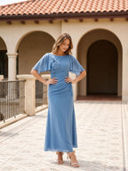 Steel Blue Chiffon A-Line Scoop Neck Back Zip Floor-Length Dress with 3D Flowers - Curvevia