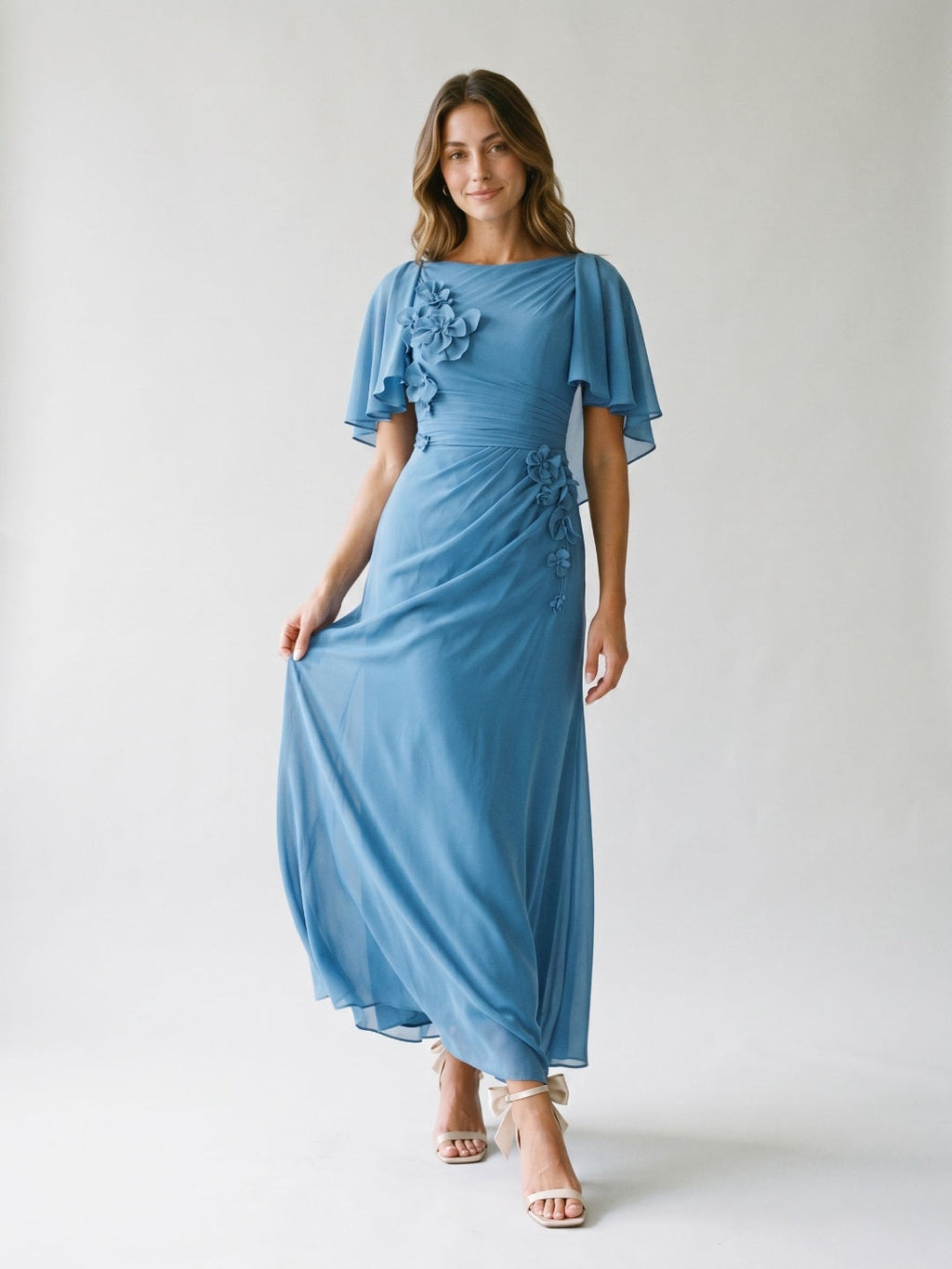Steel Blue Chiffon A-Line Scoop Neck Back Zip Floor-Length Dress with 3D Flowers - Curvevia