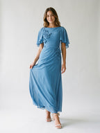 Steel Blue Chiffon A-Line Scoop Neck Back Zip Floor-Length Dress with 3D Flowers - Curvevia