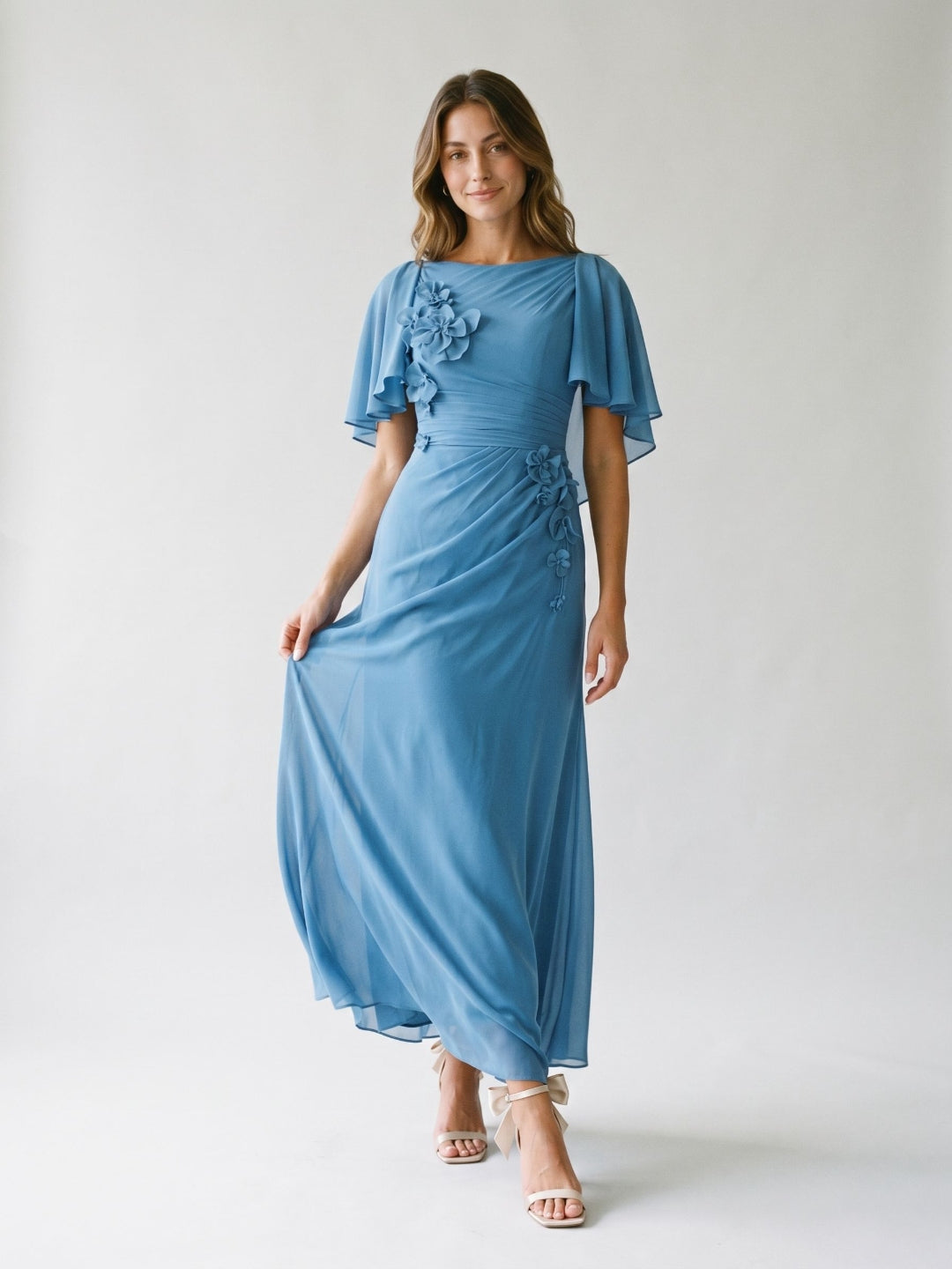 Steel Blue Chiffon A-Line Scoop Neck Back Zip Floor-Length Dress with 3D Flowers - Curvevia
