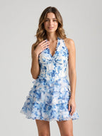 Steel Blue Chiffon A-Line V-Neck Back Zip Short Dress with Pleating - Curvevia