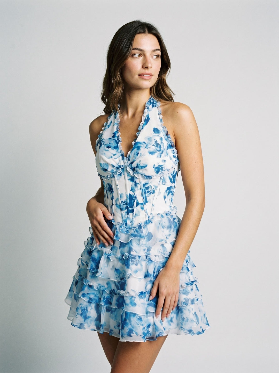 Steel Blue Chiffon A-Line V-Neck Back Zip Short Dress with Pleating - Curvevia