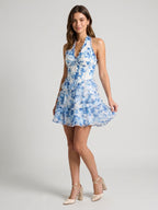 Steel Blue Chiffon A-Line V-Neck Back Zip Short Dress with Pleating - Curvevia