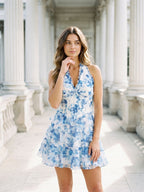 Steel Blue Chiffon A-Line V-Neck Back Zip Short Dress with Pleating - Curvevia