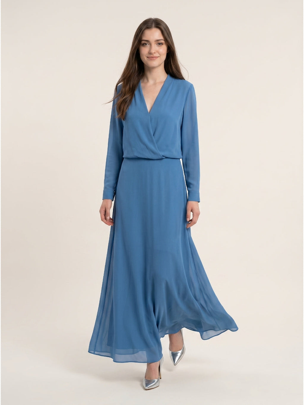 Steel Blue Chiffon A-Line V-Neck Floor-Length Mother of the Bride Dress - Curvevia