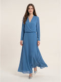 Steel Blue Chiffon A-Line V-Neck Floor-Length Mother of the Bride Dress - Curvevia
