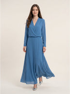 Steel Blue Chiffon A-Line V-Neck Floor-Length Mother of the Bride Dress - Curvevia