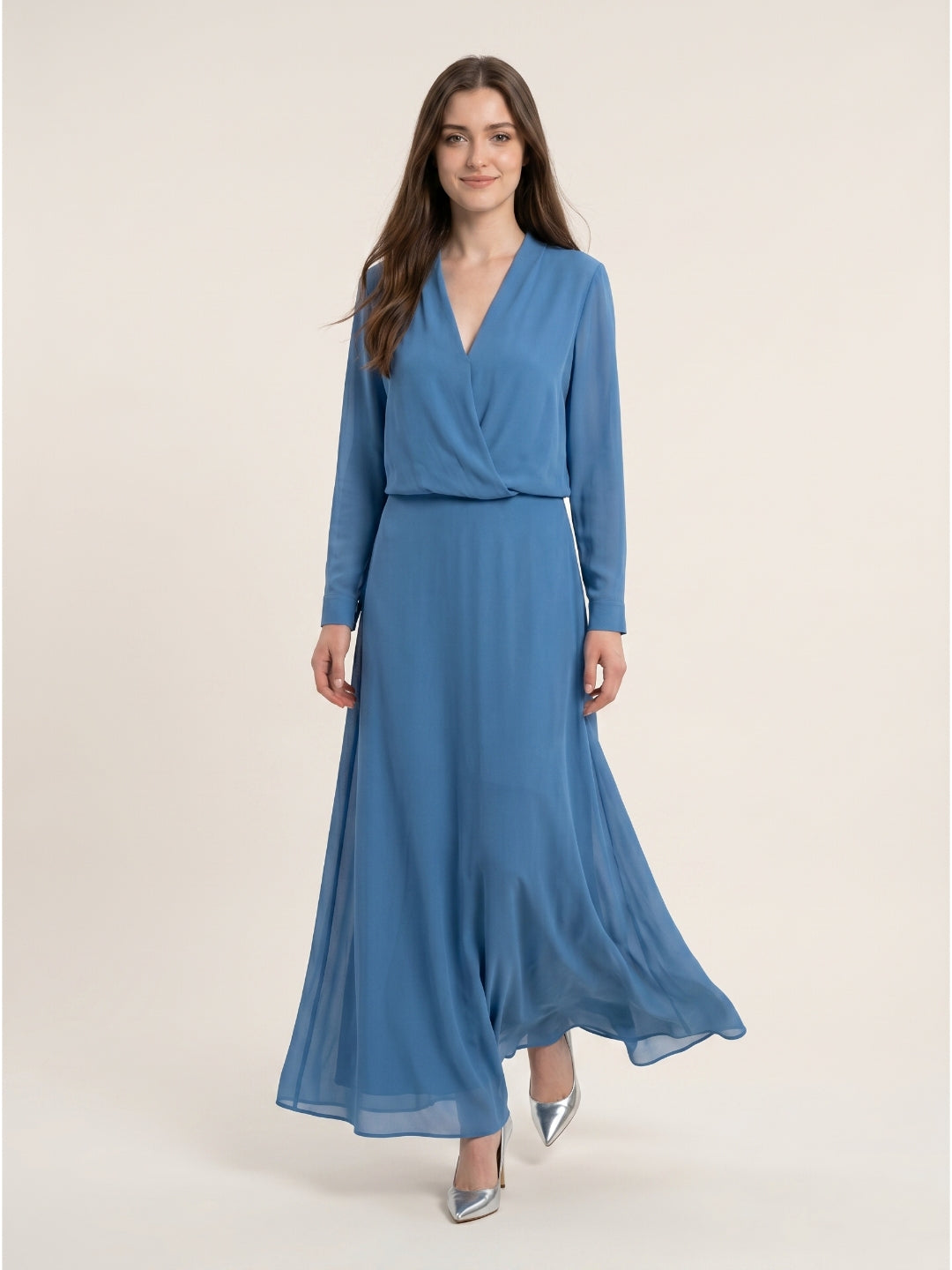 Steel Blue Chiffon A-Line V-Neck Floor-Length Mother of the Bride Dress - Curvevia