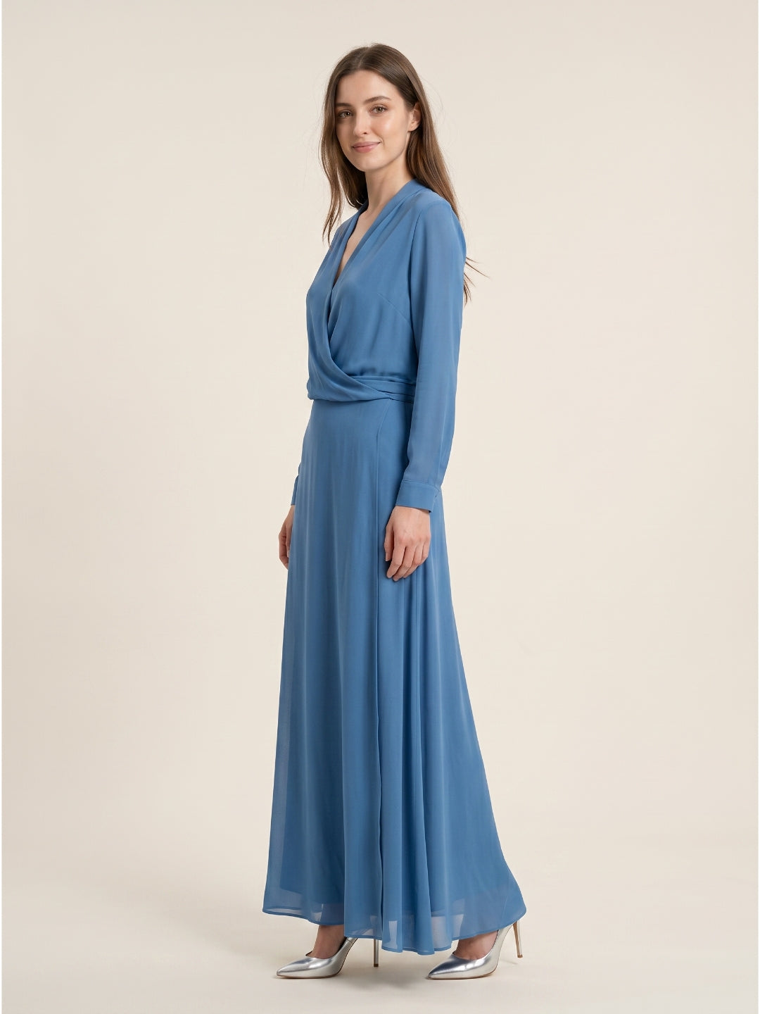 Steel Blue Chiffon A-Line V-Neck Floor-Length Mother of the Bride Dress - Curvevia