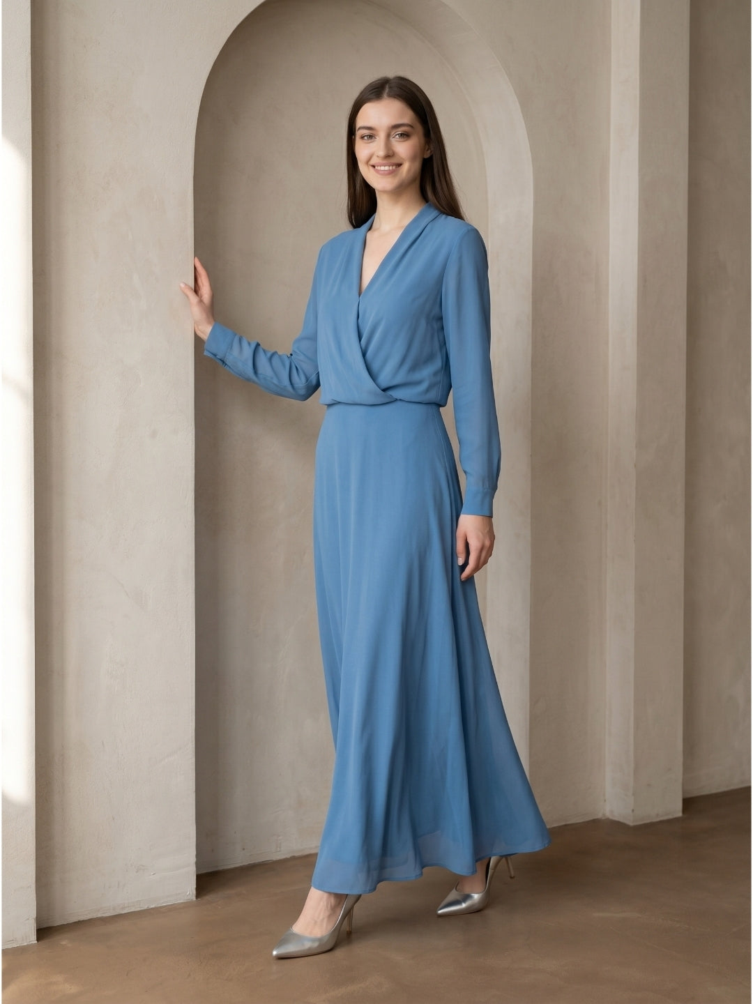 Steel Blue Chiffon A-Line V-Neck Floor-Length Mother of the Bride Dress - Curvevia