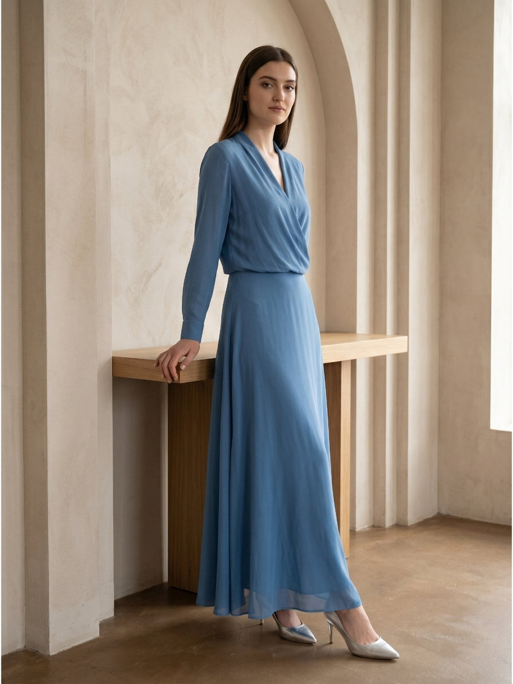 Steel Blue Chiffon A-Line V-Neck Floor-Length Mother of the Bride Dress - Curvevia