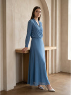 Steel Blue Chiffon A-Line V-Neck Floor-Length Mother of the Bride Dress - Curvevia