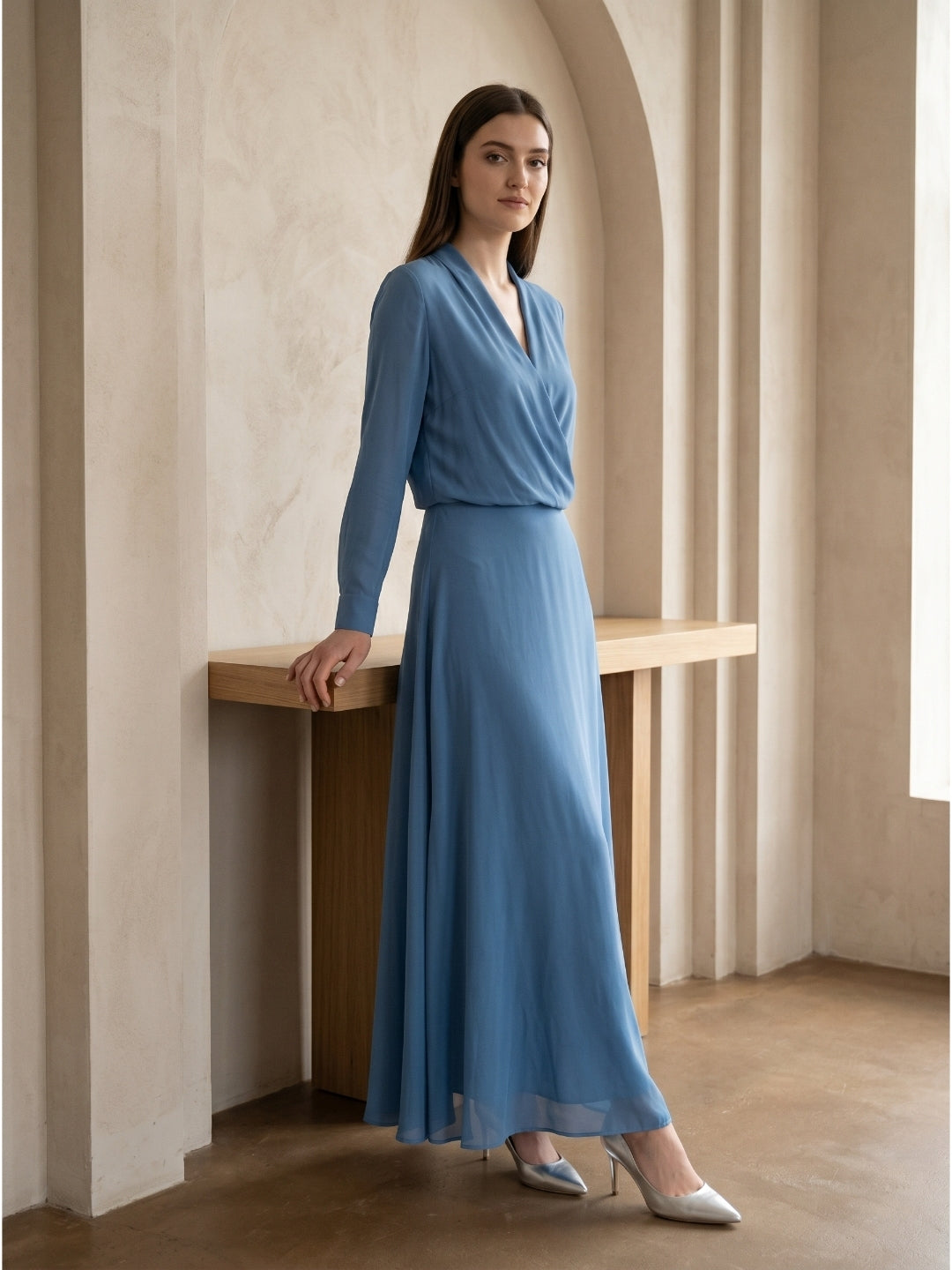 Steel Blue Chiffon A-Line V-Neck Floor-Length Mother of the Bride Dress - Curvevia