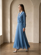 Steel Blue Chiffon A-Line V-Neck Floor-Length Mother of the Bride Dress - Curvevia