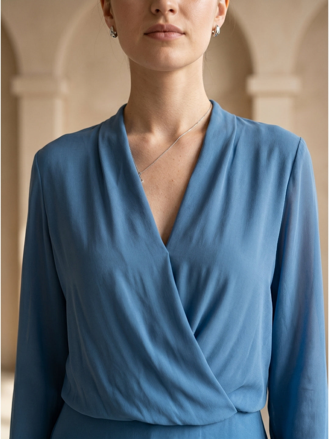 Steel Blue Chiffon A-Line V-Neck Floor-Length Mother of the Bride Dress - Curvevia
