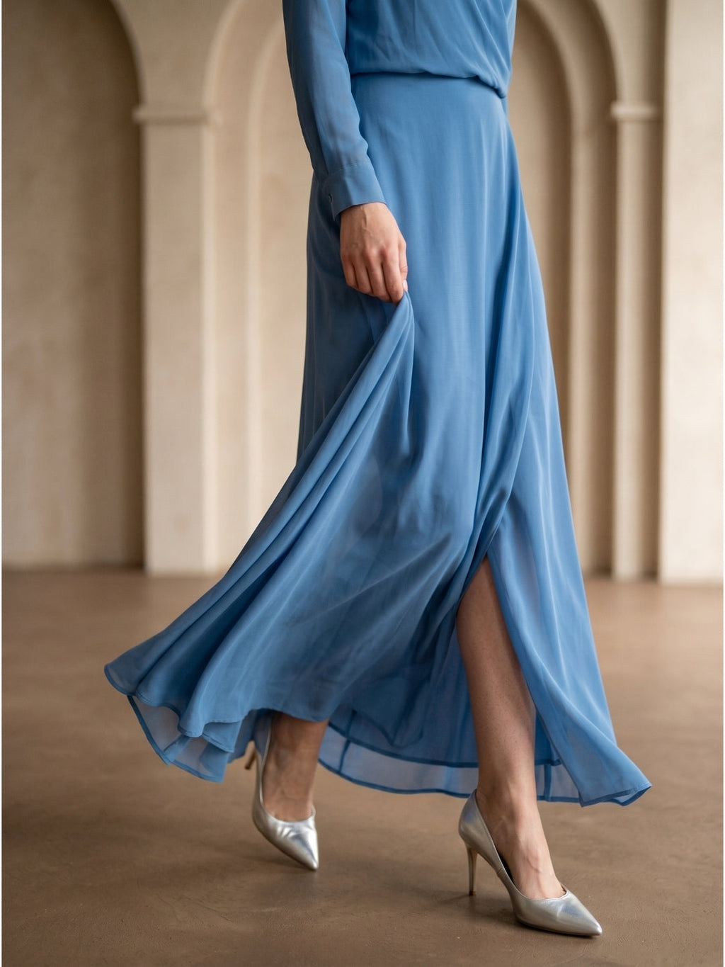 Steel Blue Chiffon A-Line V-Neck Floor-Length Mother of the Bride Dress - Curvevia