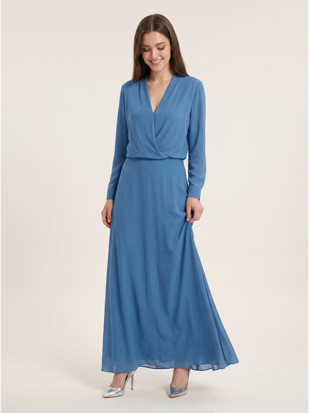 Steel Blue Chiffon A-Line V-Neck Floor-Length Mother of the Bride Dress - Curvevia