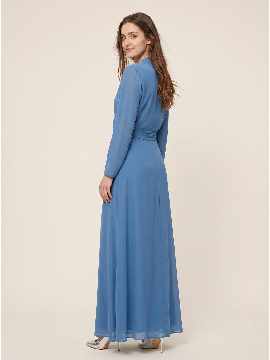 Steel Blue Chiffon A-Line V-Neck Floor-Length Mother of the Bride Dress - Curvevia