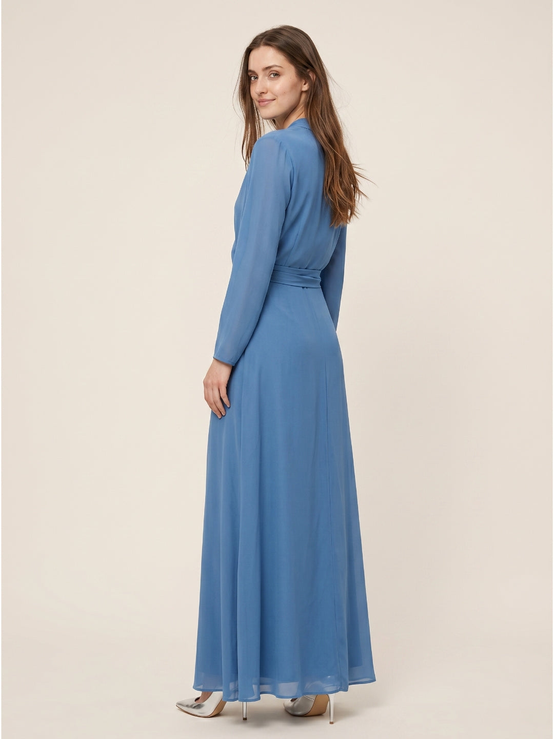 Steel Blue Chiffon A-Line V-Neck Floor-Length Mother of the Bride Dress - Curvevia