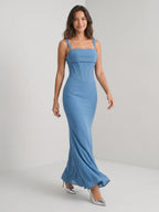 Steel Blue Chiffon Sheath Square Neck Back Zip Floor-Length Formal Dress with Pleating - Curvevia