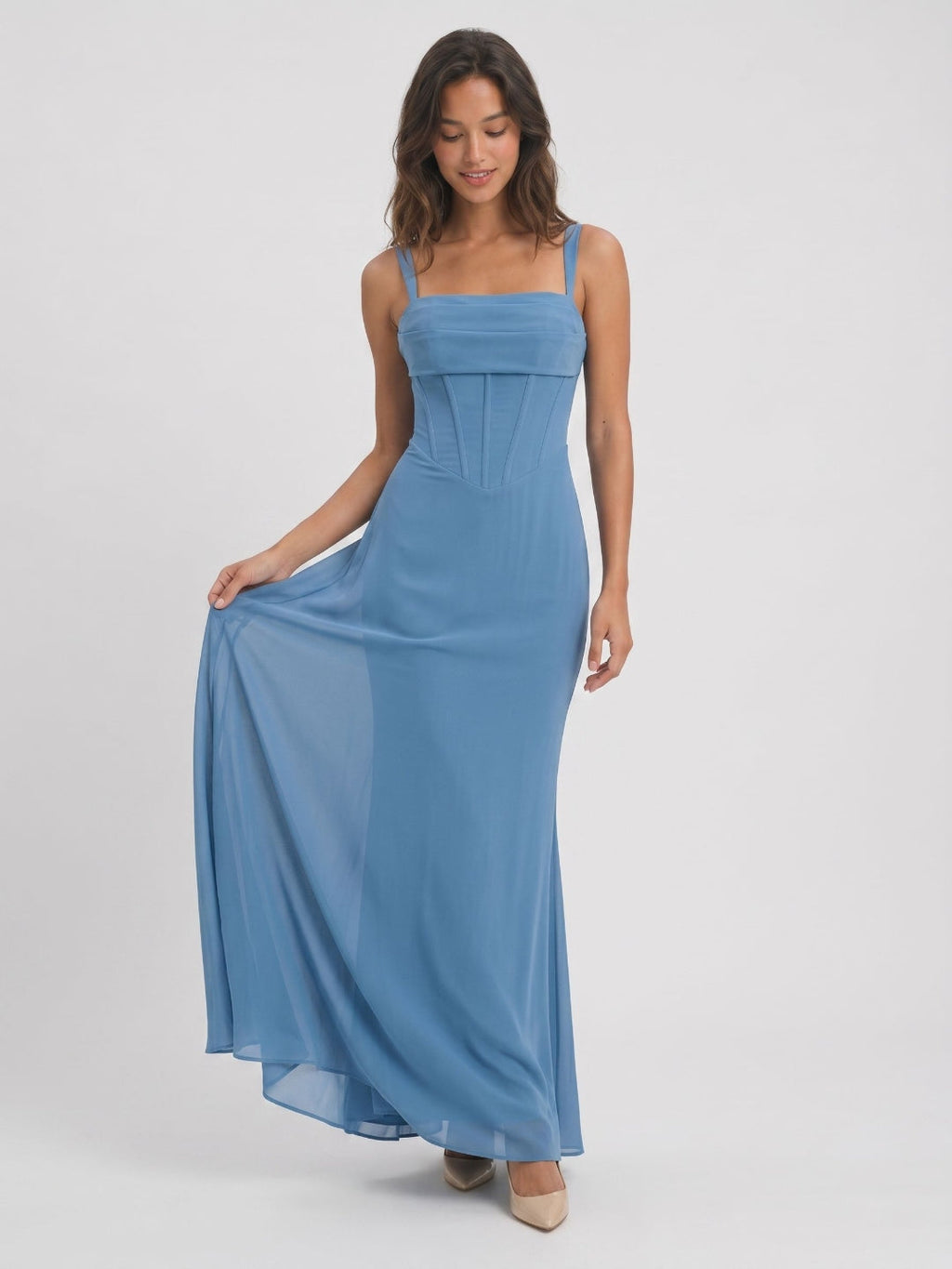 Steel Blue Chiffon Sheath Square Neck Back Zip Floor-Length Formal Dress with Pleating - Curvevia
