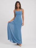 Steel Blue Chiffon Sheath Square Neck Back Zip Floor-Length Formal Dress with Pleating - Curvevia