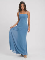 Steel Blue Chiffon Sheath Square Neck Back Zip Floor-Length Formal Dress with Pleating - Curvevia
