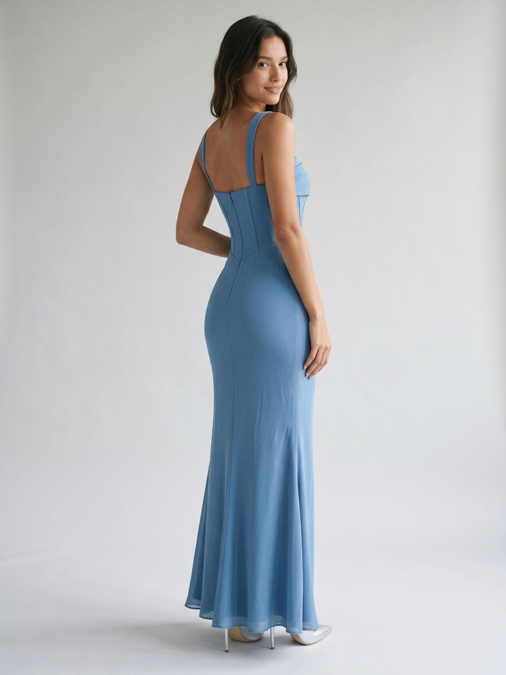 Steel Blue Chiffon Sheath Square Neck Back Zip Floor-Length Formal Dress with Pleating - Curvevia