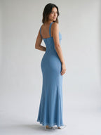 Steel Blue Chiffon Sheath Square Neck Back Zip Floor-Length Formal Dress with Pleating - Curvevia
