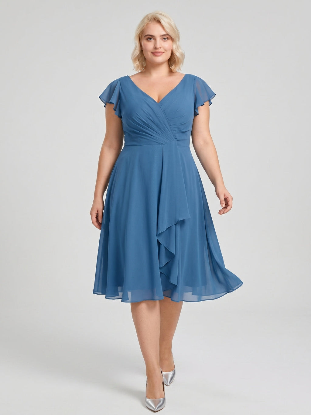 Steel Blue Chiffon V-Neck Back Zip A-Line Knee-Length Plus Size Bridesmaid Dress - Curvevia