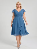 Steel Blue Chiffon V-Neck Back Zip A-Line Knee-Length Plus Size Bridesmaid Dress - Curvevia