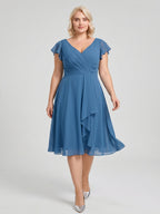 Steel Blue Chiffon V-Neck Back Zip A-Line Knee-Length Plus Size Bridesmaid Dress - Curvevia