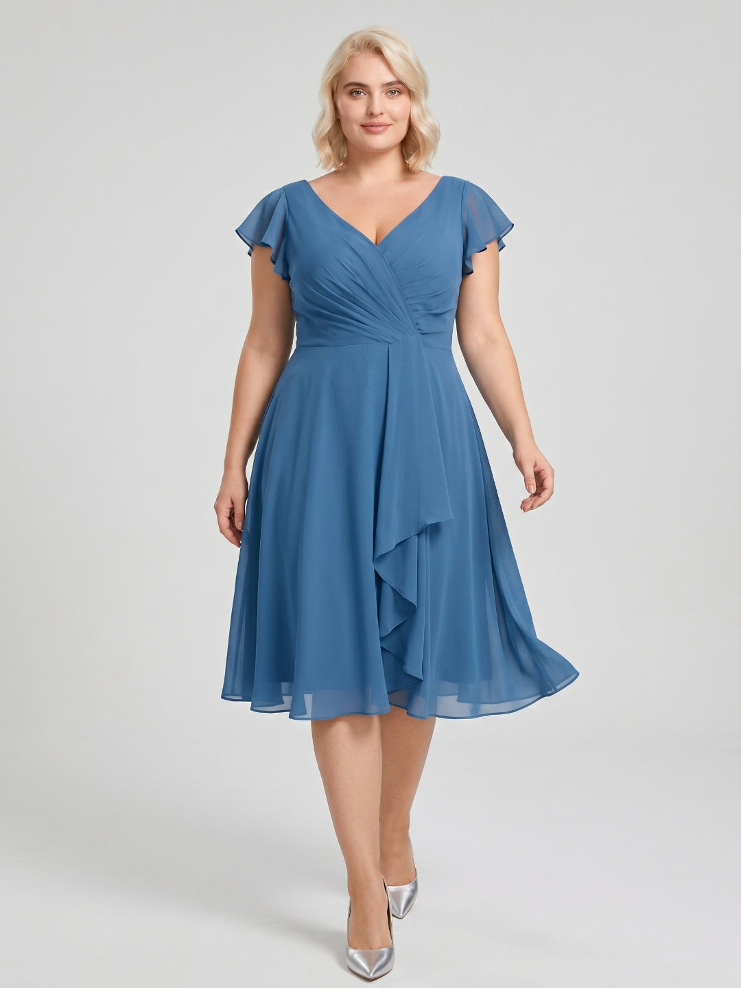 Steel Blue Chiffon V-Neck Back Zip A-Line Knee-Length Plus Size Bridesmaid Dress - Curvevia