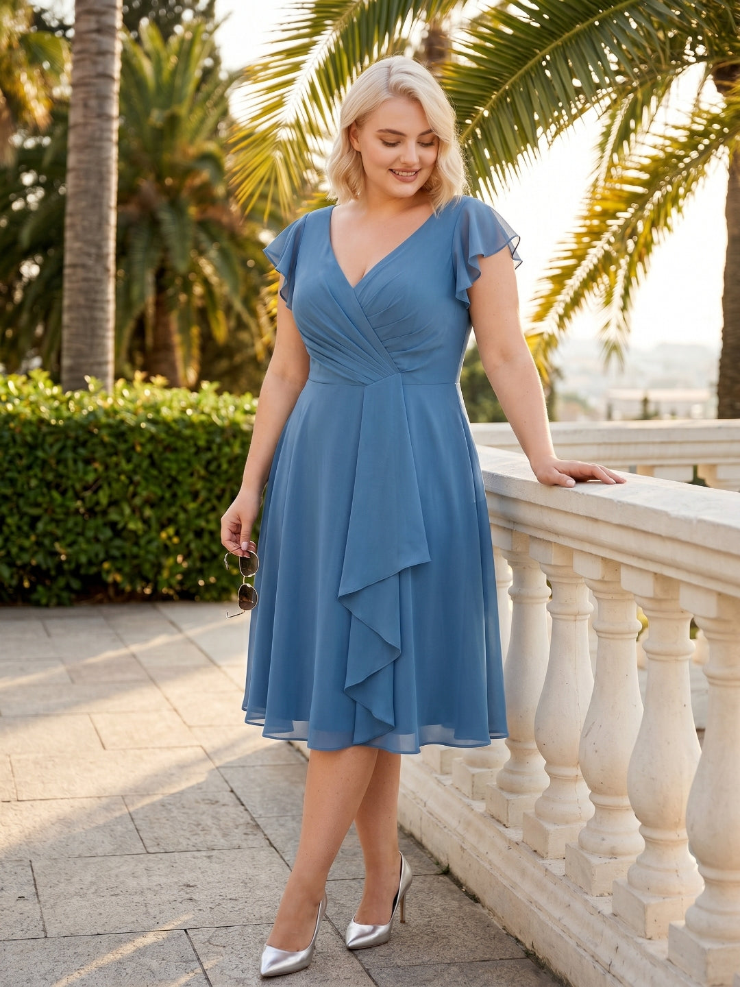 Steel Blue Chiffon V-Neck Back Zip A-Line Knee-Length Plus Size Bridesmaid Dress - Curvevia