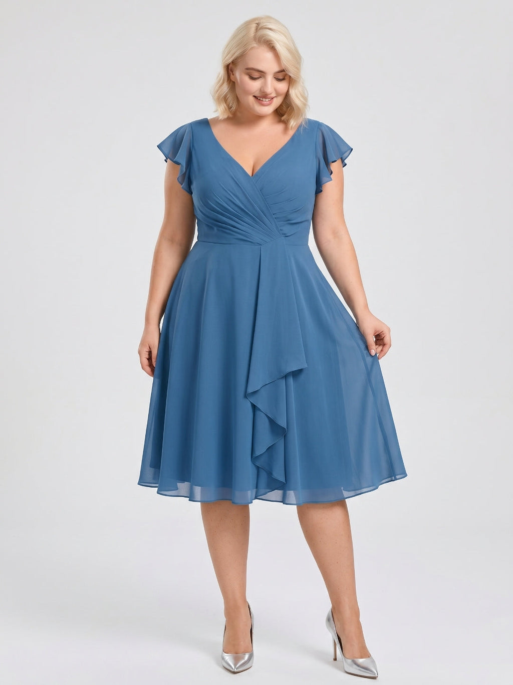 Steel Blue Chiffon V-Neck Back Zip A-Line Knee-Length Plus Size Bridesmaid Dress - Curvevia