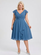 Steel Blue Chiffon V-Neck Back Zip A-Line Knee-Length Plus Size Bridesmaid Dress - Curvevia