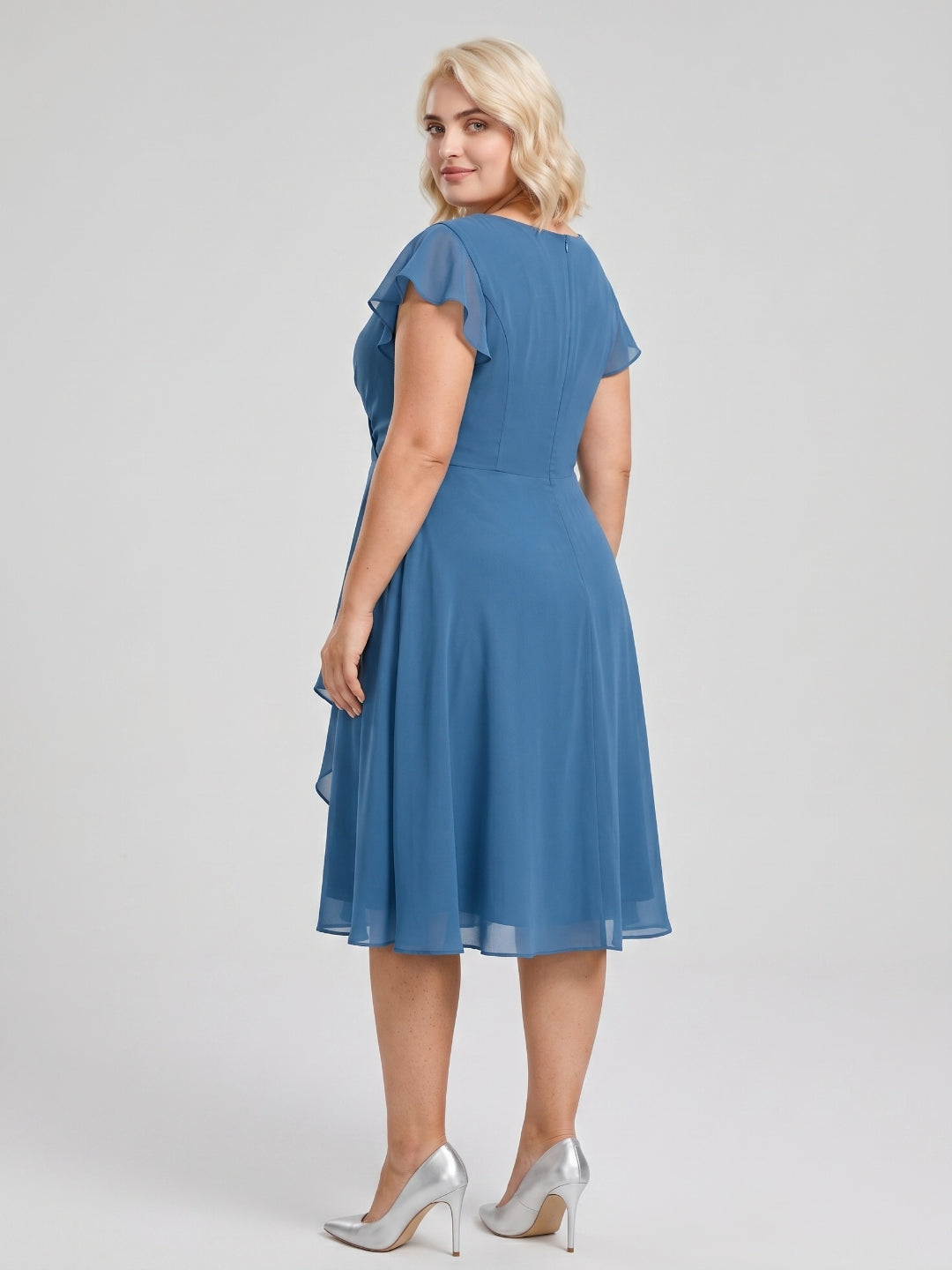 Steel Blue Chiffon V-Neck Back Zip A-Line Knee-Length Plus Size Bridesmaid Dress - Curvevia