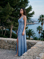 Steel Blue Jacquard Sheath V-Neck Criss-Cross Straps Floor-Length Bridesmaid Dress with Pleating - Curvevia