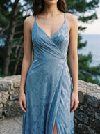 Steel Blue Jacquard Sheath V-Neck Criss-Cross Straps Floor-Length Bridesmaid Dress with Pleating - Curvevia
