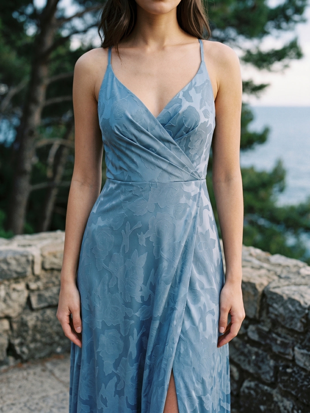 Steel Blue Jacquard Sheath V-Neck Criss-Cross Straps Floor-Length Bridesmaid Dress with Pleating - Curvevia
