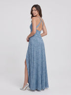 Steel Blue Jacquard Sheath V-Neck Criss-Cross Straps Floor-Length Bridesmaid Dress with Pleating - Curvevia
