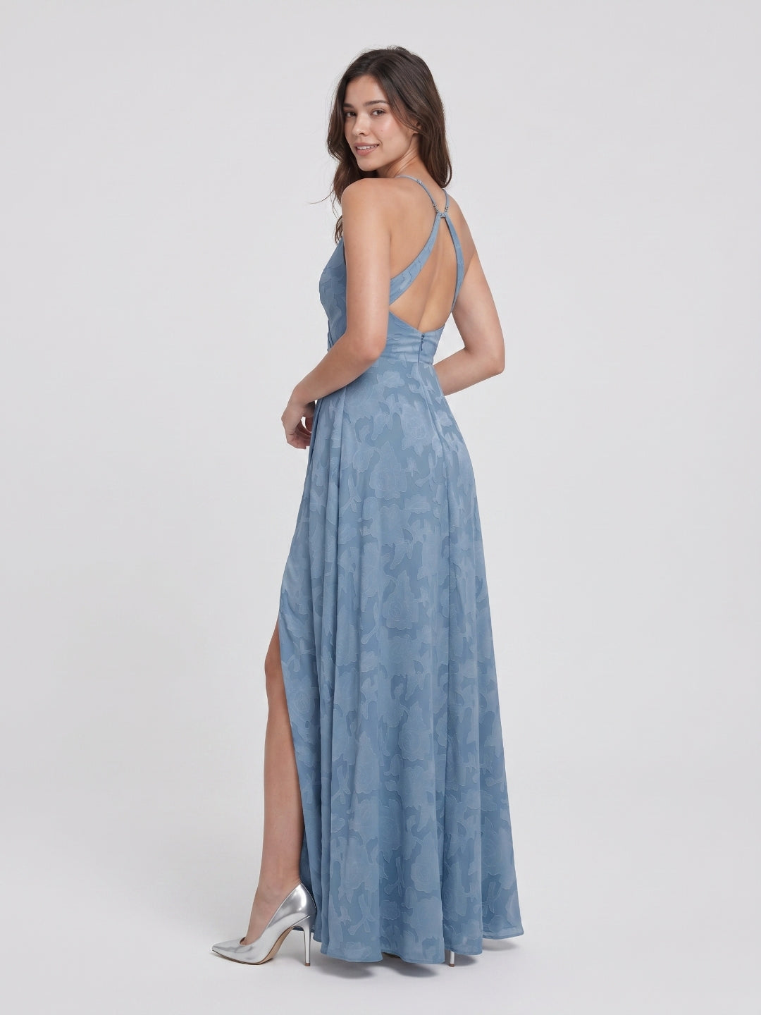 Steel Blue Jacquard Sheath V-Neck Criss-Cross Straps Floor-Length Bridesmaid Dress with Pleating - Curvevia