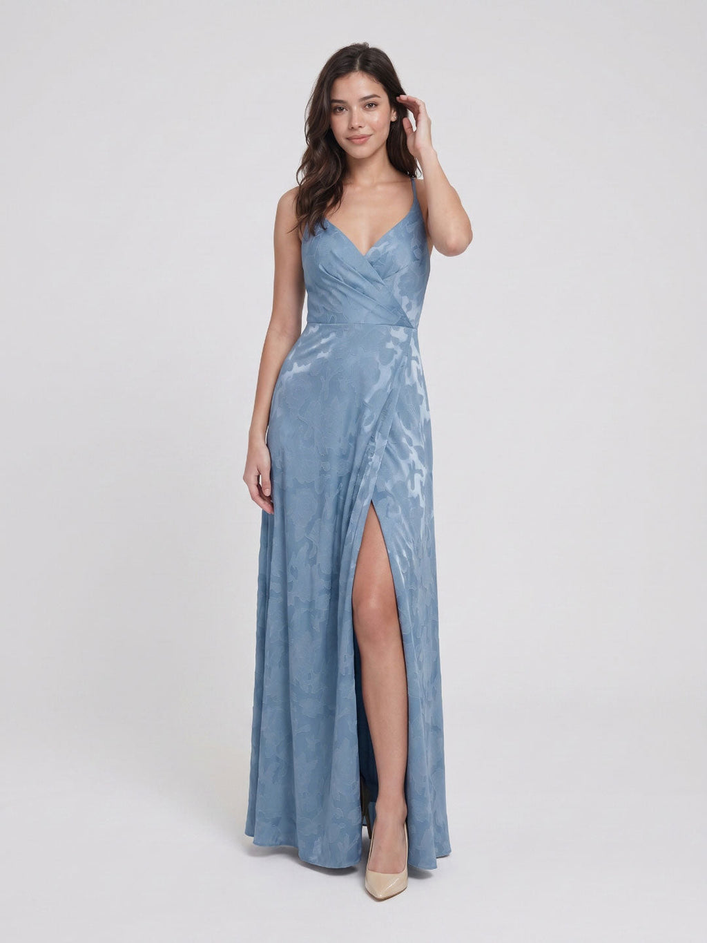 Steel Blue Jacquard Sheath V-Neck Criss-Cross Straps Floor-Length Bridesmaid Dress with Pleating - Curvevia