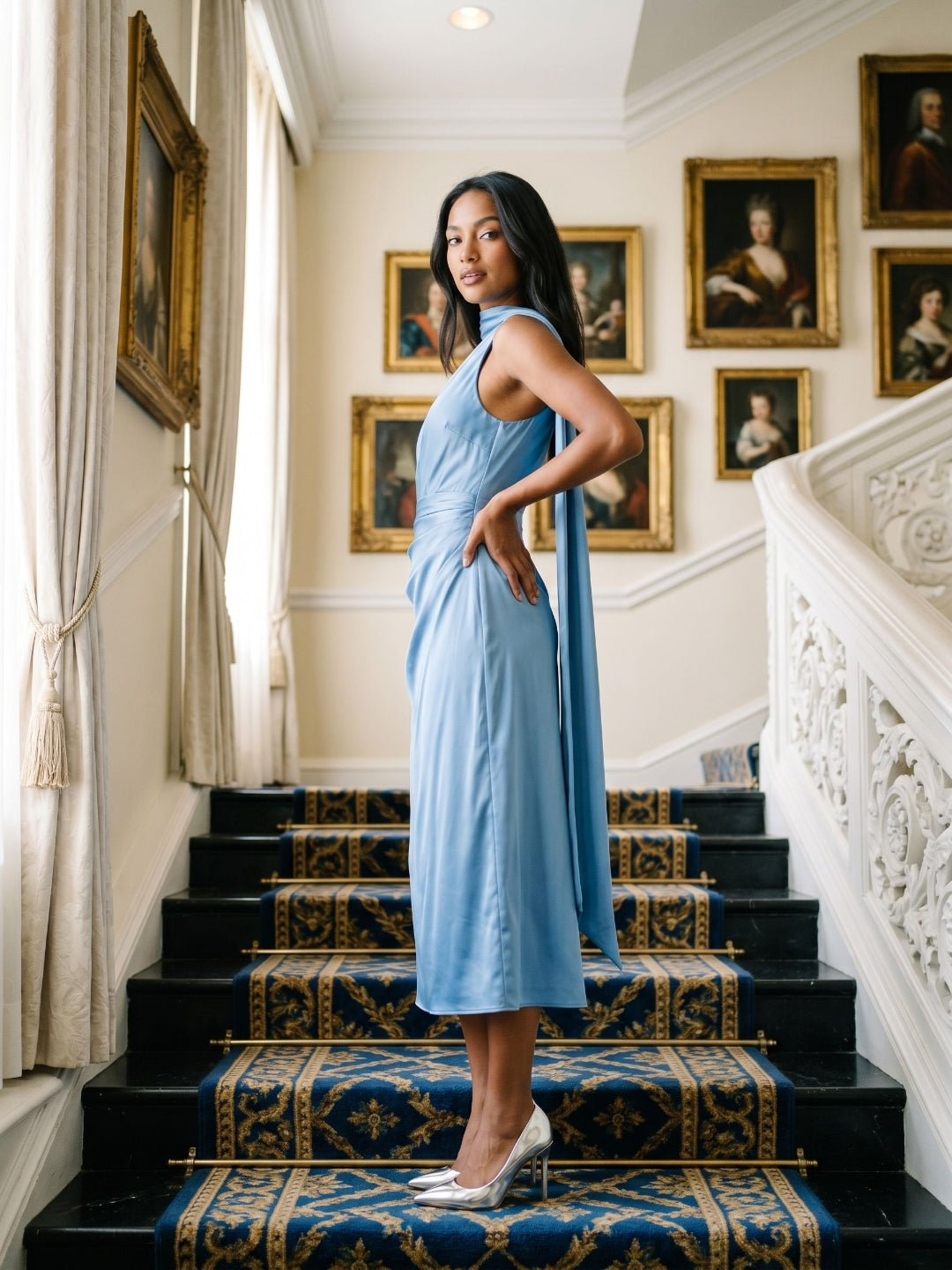 Steel Blue Satin Column One Shoulder Tea-Length Dress with Pleating - Curvevia