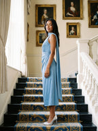 Steel Blue Satin Column One Shoulder Tea-Length Dress with Pleating - Curvevia