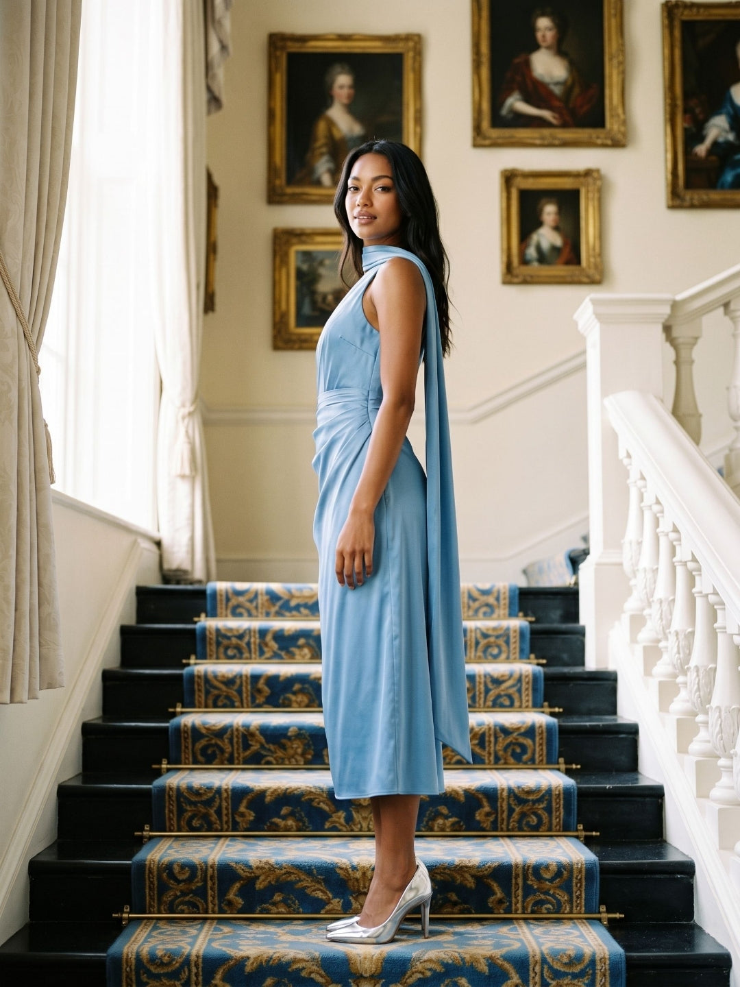 Steel Blue Satin Column One Shoulder Tea-Length Dress with Pleating - Curvevia